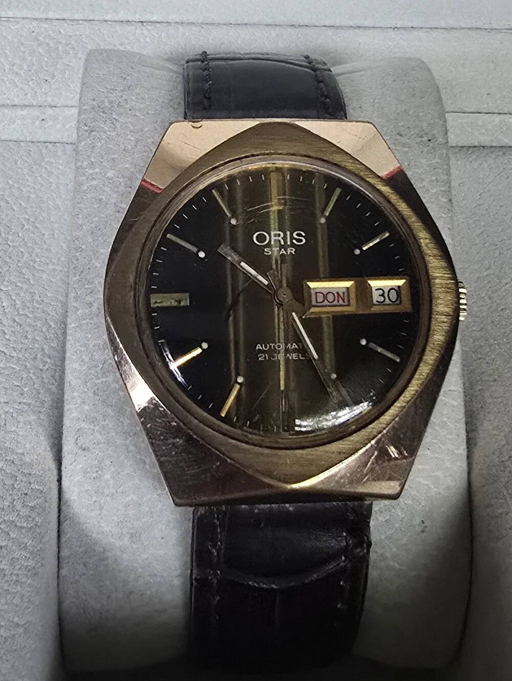 Oris Star Gold-Tone Case with Black Dial and Brown Strap